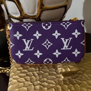 SL Fashions, Purple & White Monogram Canvas Small Pouch NEW